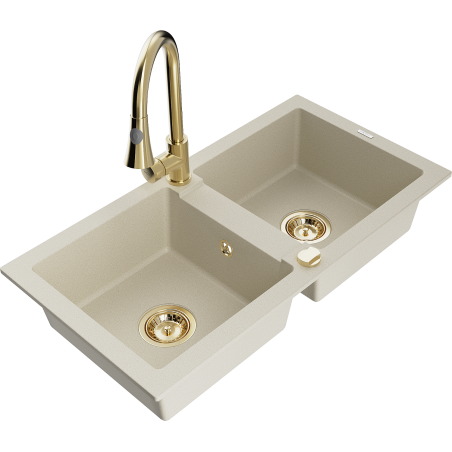 Mexen Mario Granitspüle 2-Kammer mit Küchenarmatur Elia, beige - 6504-69-670101-50