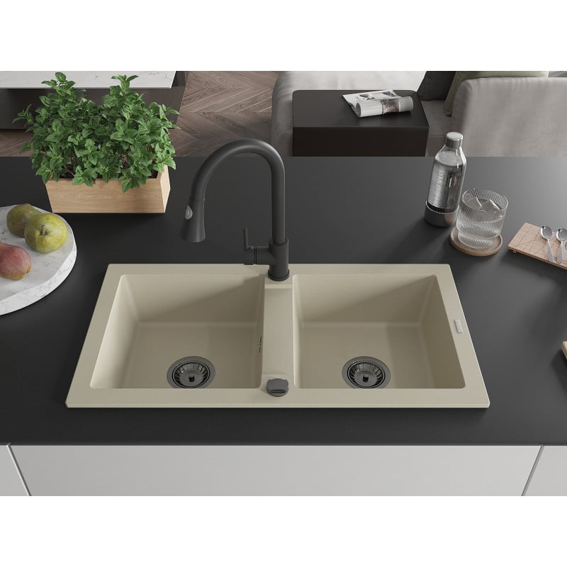 Mexen Mario Granitspüle 2-Kammer mit Küchenarmatur Elia, beige - 6504-69-670101-70