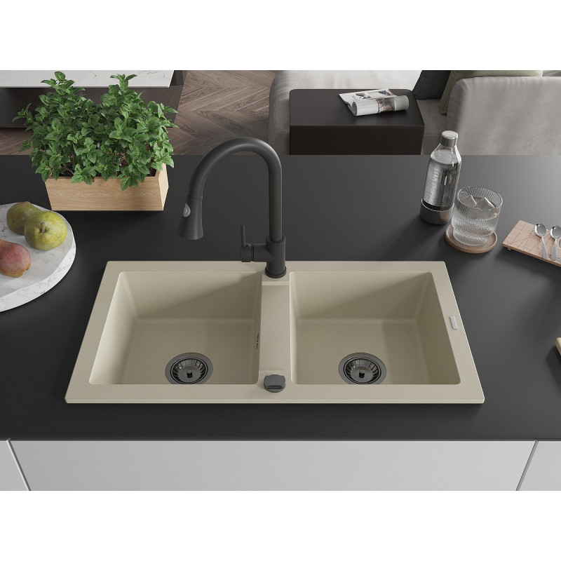 Mexen Mario Granitspüle 2-Kammern mit Küchenarmatur Elia, beige - 6504-69-670101-70
