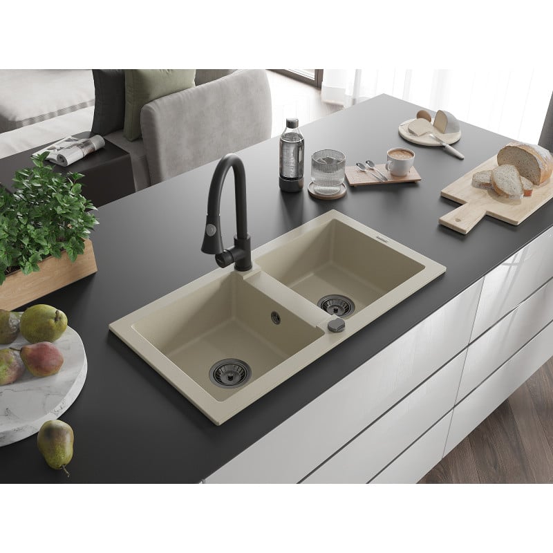 Mexen Mario Granitspüle 2-Kammer mit Küchenarmatur Elia, beige - 6504-69-670101-70