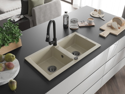 Mexen Mario Granitspüle 2-Kammer mit Küchenarmatur Elia, beige - 6504-69-670101-70