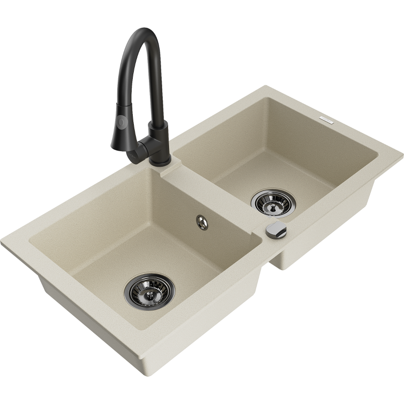 Mexen Mario Granitspüle 2-Kammer mit Küchenarmatur Elia, beige - 6504-69-670101-70