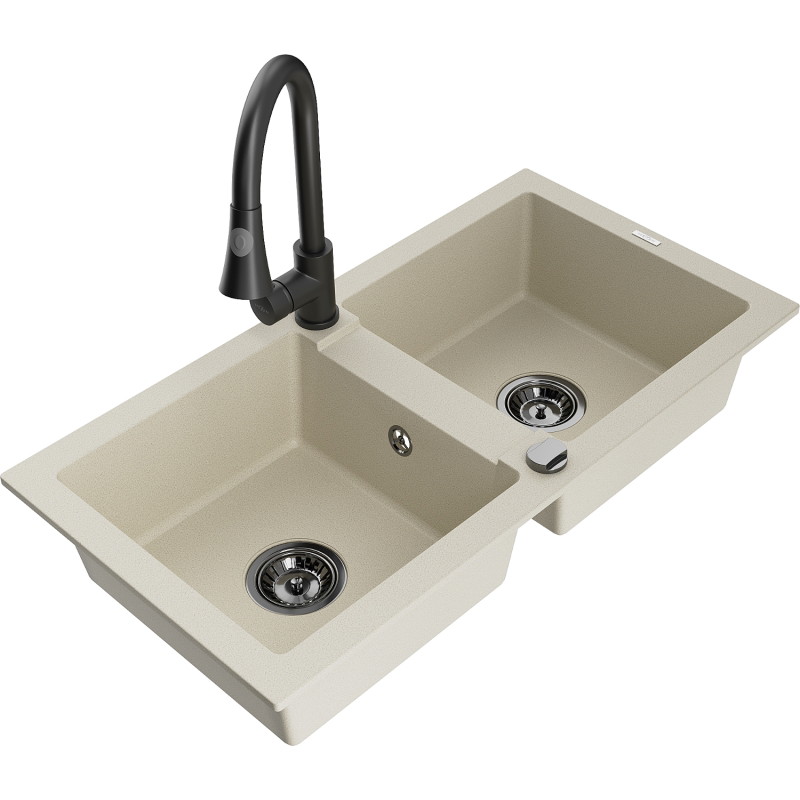 Mexen Mario Granitspüle 2-Kammern mit Küchenarmatur Elia, beige - 6504-69-670101-70