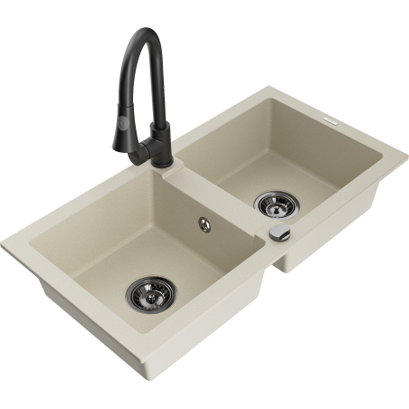 Mexen Mario Granitspüle 2-Kammer mit Küchenarmatur Elia, beige - 6504-69-670101-70