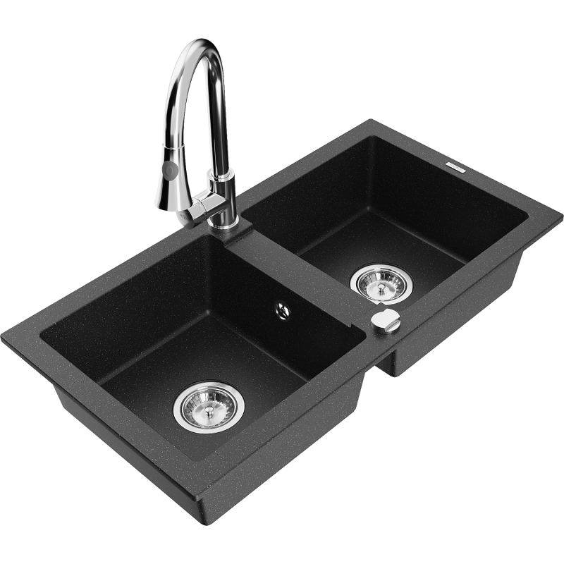 Mexen Mario Granitspüle 2-Kammer mit Küchenarmatur Elia, schwarz/silber metallic - 6504-73-670101-00