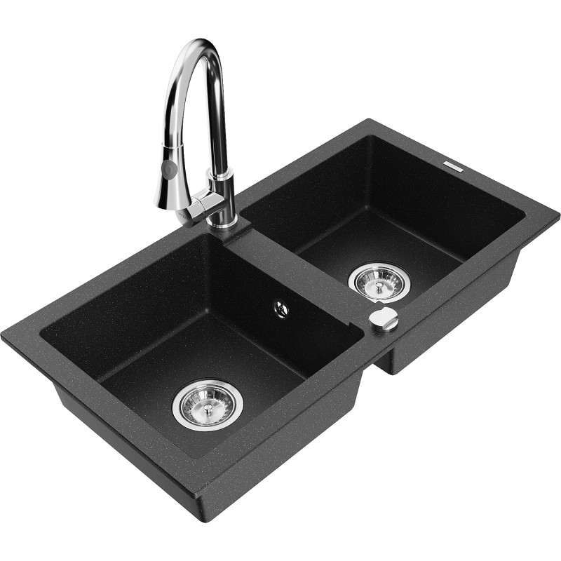 Mexen Mario granitspüle mit 2 becken mit küchenarmatur Elia, schwarz/silber metallic - 6504-73-670101-00