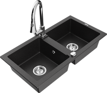 Mexen Mario Granitspüle 2-Kammer mit Küchenarmatur Elia, schwarz/silber metallic - 6504-73-670101-00