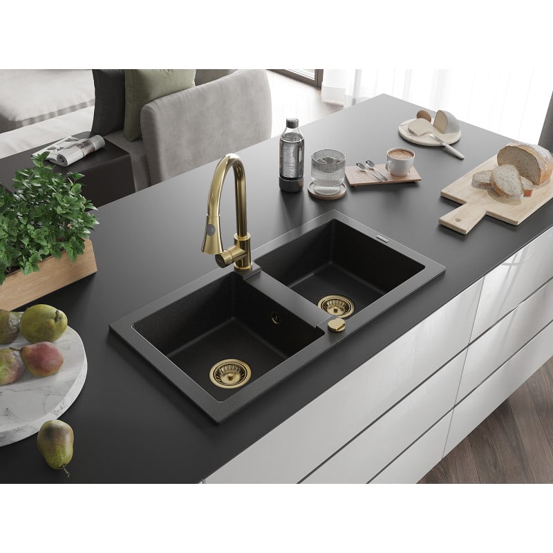 Mexen Mario Granitspüle 2-Kammer mit Küchenarmatur Elia, schwarz/silber metallic - 6504-73-670101-50