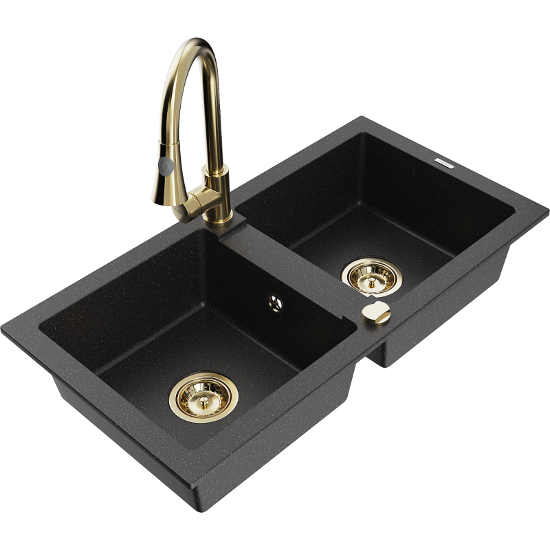 Mexen Mario Granitspüle 2-Kammer mit Küchenarmatur Elia, schwarz/silber metallic - 6504-73-670101-50
