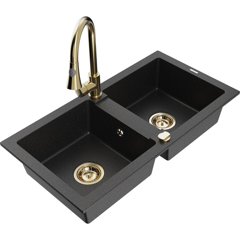 Mexen Mario Granitspüle mit 2 Becken und Küchenarmatur Elia, schwarz/silber metallic - 6504-73-670101-50