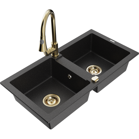 Mexen Mario Granitspüle 2-Kammer mit Küchenarmatur Elia, schwarz/silber metallic - 6504-73-670101-50