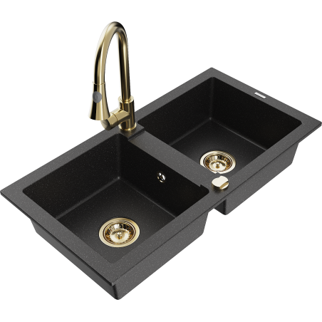 Mexen Mario Granitspüle mit 2 Becken und Küchenarmatur Elia, schwarz/silber metallic - 6504-73-670101-50