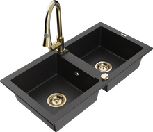 Mexen Mario Granitspüle 2-Kammer mit Küchenarmatur Elia, schwarz/silber metallic - 6504-73-670101-50