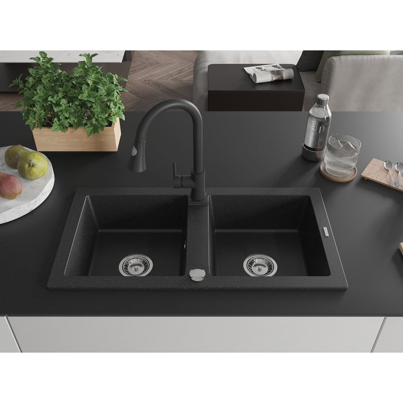 Mexen Mario Granitspüle 2-Becken mit Küchenarmatur Elia, schwarz/silber metallic - 6504-73-670101-70