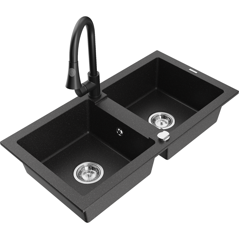 Mexen Mario Granitspüle 2-Becken mit Küchenarmatur Elia, schwarz/silber metallic - 6504-73-670101-70