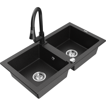 Mexen Mario Granitspüle 2-Becken mit Küchenarmatur Elia, schwarz/silber metallic - 6504-73-670101-70