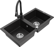 Mexen Mario Granitspüle 2-Becken mit Küchenarmatur Elia, schwarz/silber metallic - 6504-73-670101-70