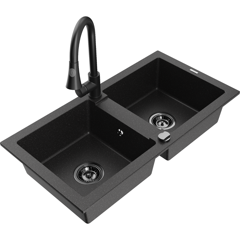 Mexen Mario Granitspüle 2-Kammern mit Küchenarmatur Elia, schwarz/silber metallic - 6504-73-670101-70-B