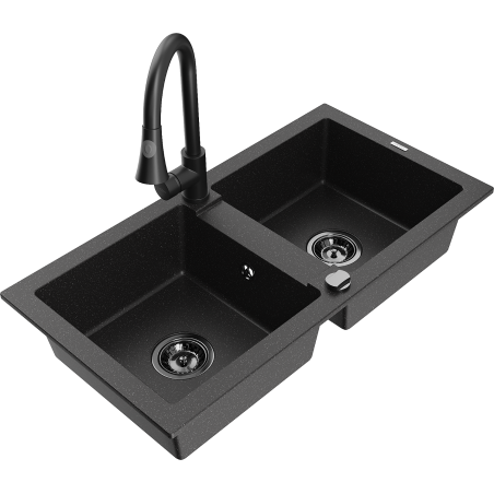 Mexen Mario Granitspüle 2-Kammern mit Küchenarmatur Elia, schwarz/silber metallic - 6504-73-670101-70-B
