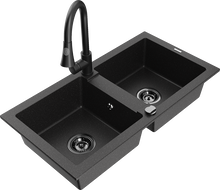 Mexen Mario Granit-Spüle 2-Kammer mit Küchenarmatur Elia, schwarz/silber metallic - 6504-73-670101-70-B