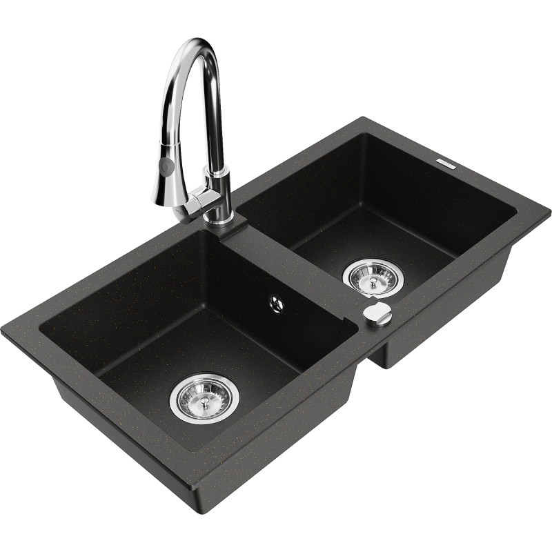 Mexen Mario Granitspüle 2-Kammer mit Küchenarmatur Elia, schwarz/gold metallic - 6504-75-670101-00