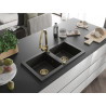 Mexen Mario Granitspüle 2-Kammern mit Küchenarmatur Elia, schwarz/gold metallic - 6504-75-670101-50