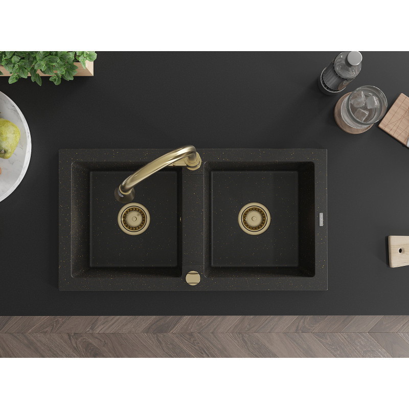 Mexen Mario Granitspüle 2-Kammer mit Küchenarmatur Elia, schwarz/goldmetallic - 6504-75-670101-50