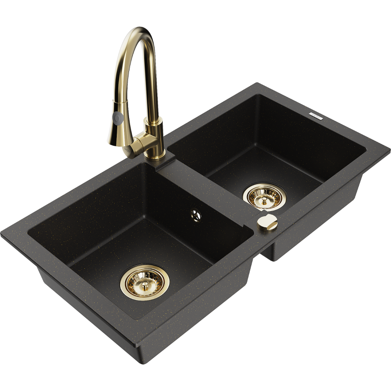 Mexen Mario Granitspüle 2-Kammer mit Küchenarmatur Elia, schwarz/goldmetallic - 6504-75-670101-50