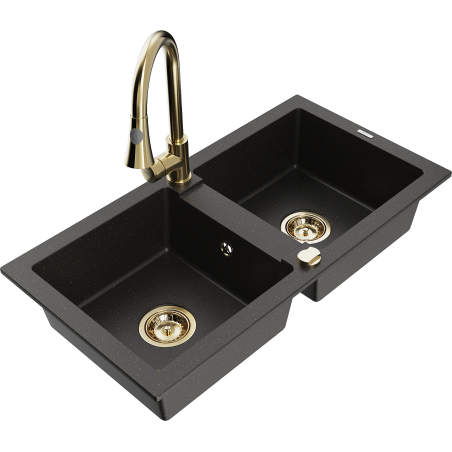 Mexen Mario Granitspüle 2-Kammer mit Küchenarmatur Elia, schwarz/goldmetallic - 6504-75-670101-50