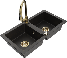 Mexen Mario Granitspüle 2-Kammer mit Küchenarmatur Elia, schwarz/goldmetallic - 6504-75-670101-50