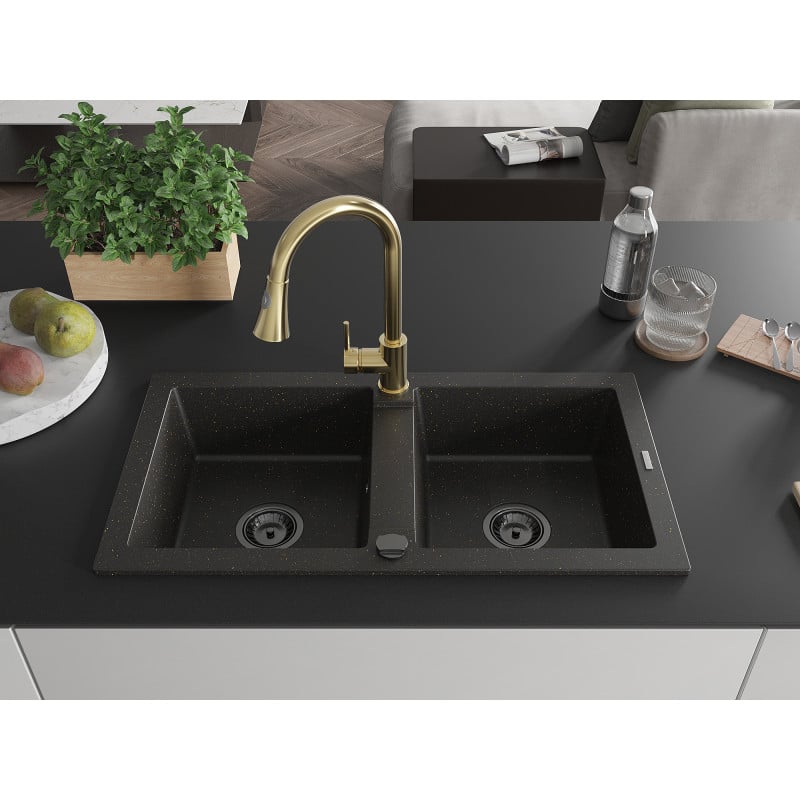 Mexen Mario Granitspüle 2-Kammer mit Küchenarmatur Elia, Schwarz/Gold Metallic - 6504-75-670101-50-B