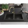 Mexen Mario Granitspüle 2-Kammer mit Küchenarmatur Elia, Schwarz/Gold Metallic - 6504-75-670101-50-B