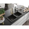 Mexen Mario Granitspüle 2-Kammer mit Küchenarmatur Elia, Schwarz/Gold Metallic - 6504-75-670101-50-B