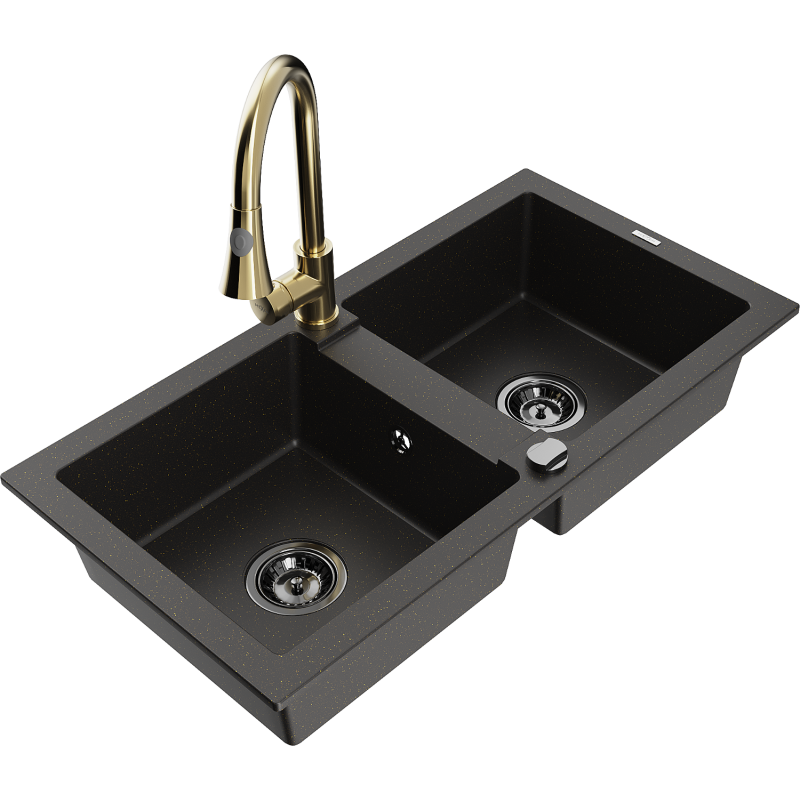 Mexen Mario Granitspüle 2-Kammer mit Küchenarmatur Elia, Schwarz/Gold Metallic - 6504-75-670101-50-B