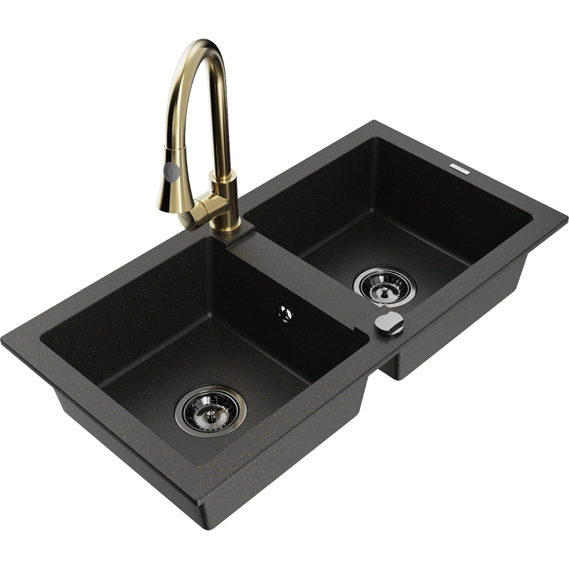 Mexen Mario Granitspüle 2-Kammer mit Küchenarmatur Elia, schwarz/goldener Metallic - 6504-75-670101-50-B
