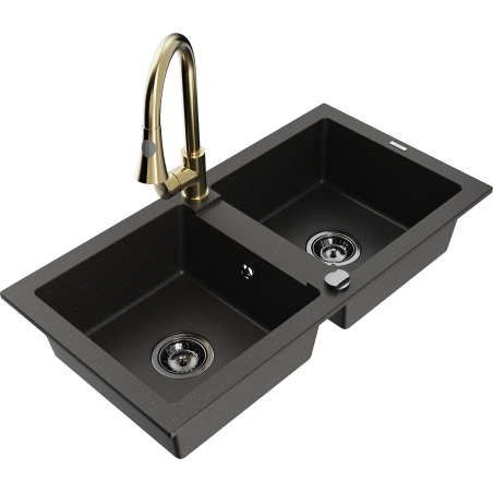 Mexen Mario Granitspüle 2-Kammer mit Küchenarmatur Elia, Schwarz/Gold Metallic - 6504-75-670101-50-B