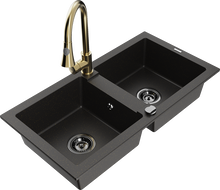 Mexen Mario Granitspüle 2-Kammer mit Küchenarmatur Elia, Schwarz/Gold Metallic - 6504-75-670101-50-B