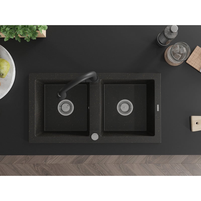 Mexen Mario Granitspüle 2-Becken mit Küchenarmatur Elia, schwarz/goldener Metallic - 6504-75-670101-70
