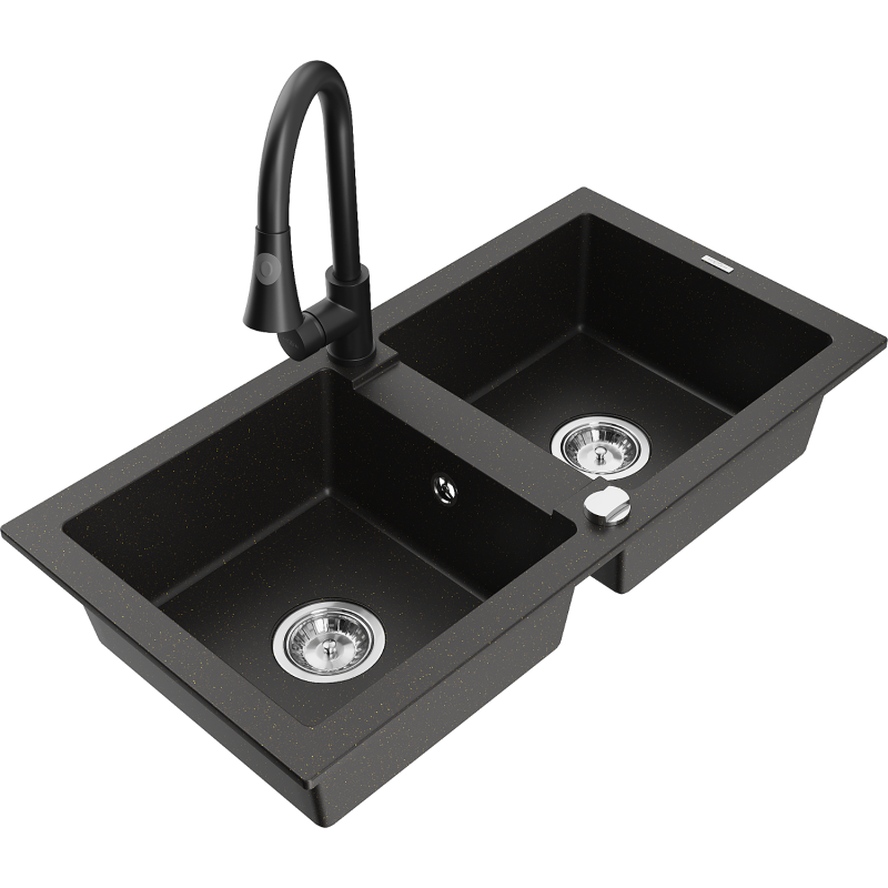 Mexen Mario Granitspüle 2-Becken mit Küchenarmatur Elia, schwarz/goldener Metallic - 6504-75-670101-70