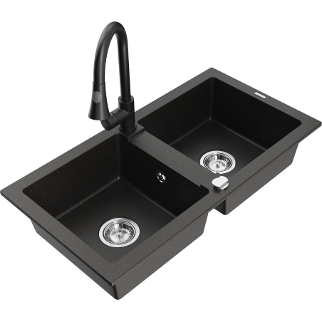 Mexen Mario Granitspüle 2-Becken mit Küchenarmatur Elia, schwarz/goldener Metallic - 6504-75-670101-70