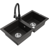 Mexen Mario Granitspüle 2-Becken mit Küchenarmatur Elia, schwarz/goldener Metallic - 6504-75-670101-70