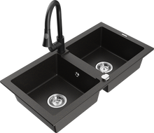 Mexen Mario Granitspüle 2-Becken mit Küchenarmatur Elia, schwarz/goldener Metallic - 6504-75-670101-70
