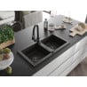 Mexen Mario Granitspüle 2-Becken mit Küchenarmatur Elia, Schwarz/Gold Metallic - 6504-75-670101-70-B