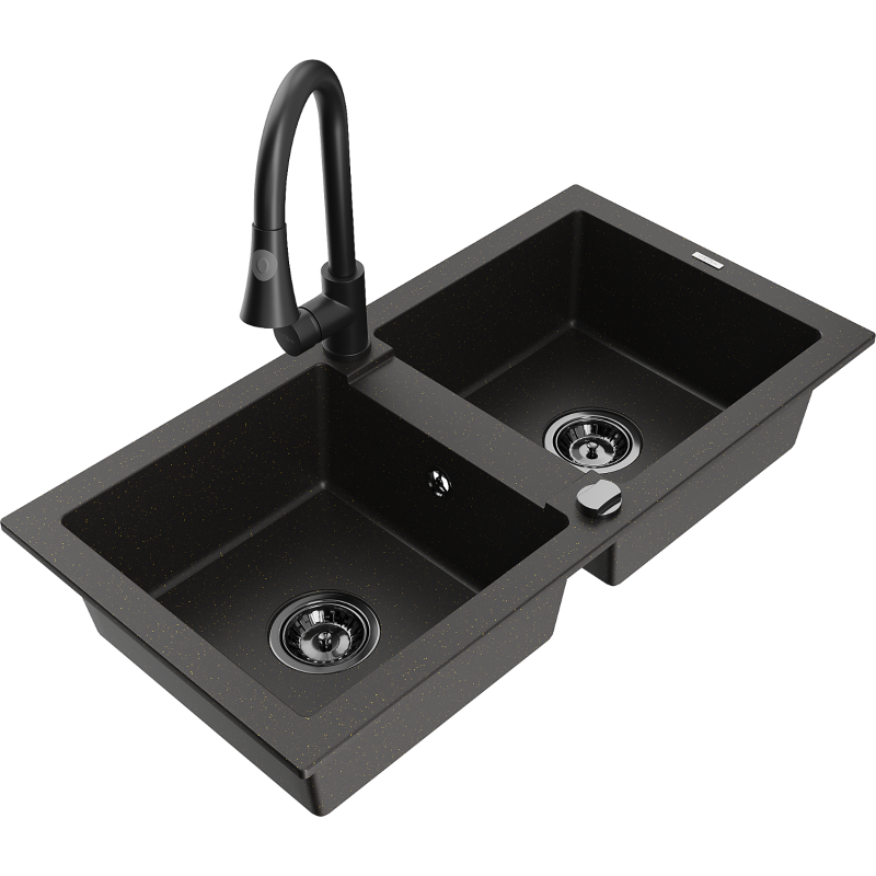 Mexen Mario Granitspüle 2-Becken mit Küchenarmatur Elia, Schwarz/Gold Metallic - 6504-75-670101-70-B