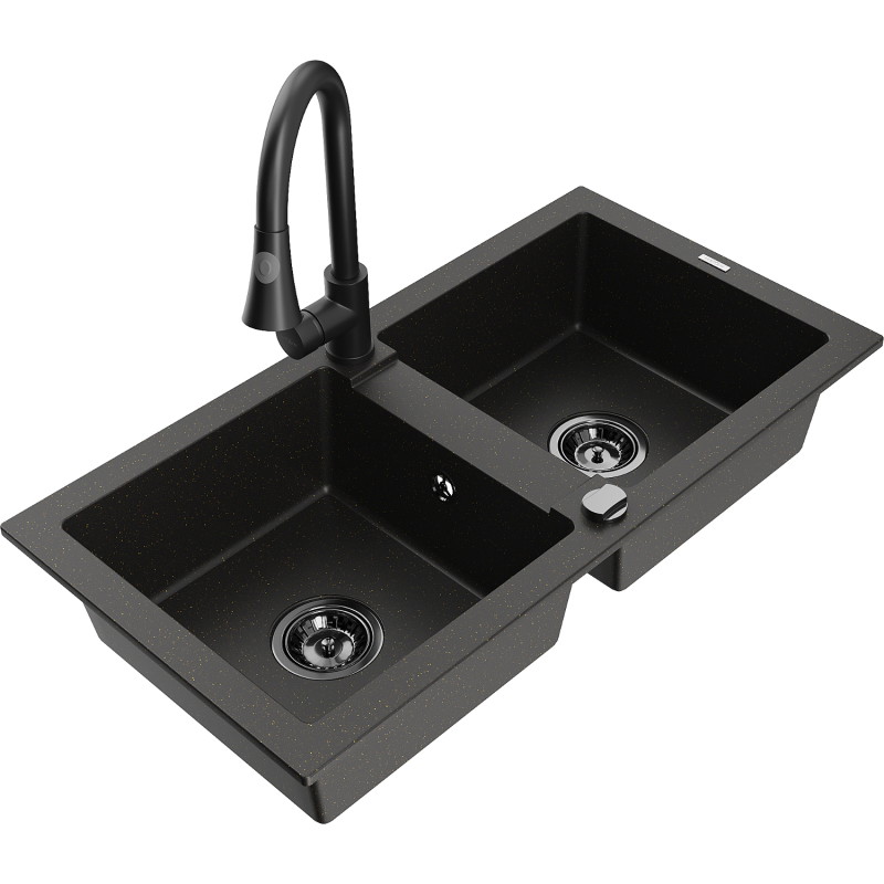 Mexen Mario granitspüle 2-kammer-spüle mit küchenarmatur Elia, schwarz/gold metallic - 6504-75-670101-70-B