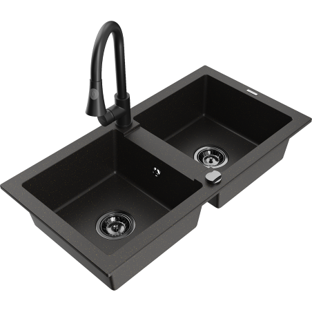 Mexen Mario Granitspüle 2-Becken mit Küchenarmatur Elia, Schwarz/Gold Metallic - 6504-75-670101-70-B