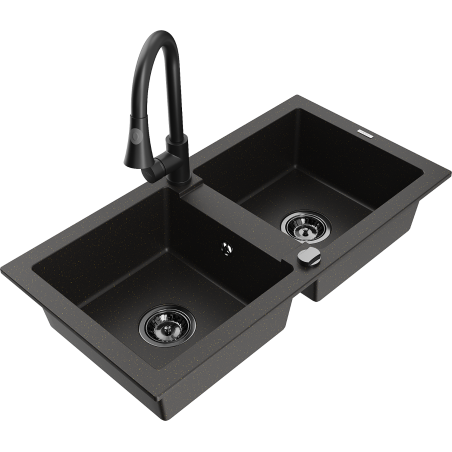 Mexen Mario granitspüle 2-kammer-spüle mit küchenarmatur Elia, schwarz/gold metallic - 6504-75-670101-70-B