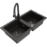 Mexen Mario Granitspüle 2-Becken mit Küchenarmatur Elia, Schwarz/Gold Metallic - 6504-75-670101-70-B