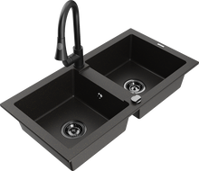 Mexen Mario Granitspüle 2-Becken mit Küchenarmatur Elia, Schwarz/Gold Metallic - 6504-75-670101-70-B