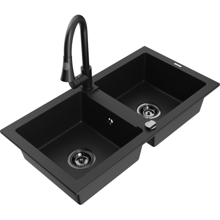 Mexen Mario 2-Kammer-Granitzweck mit Küchenarmatur Elia, schwarz - 6504-77-670101-70-B